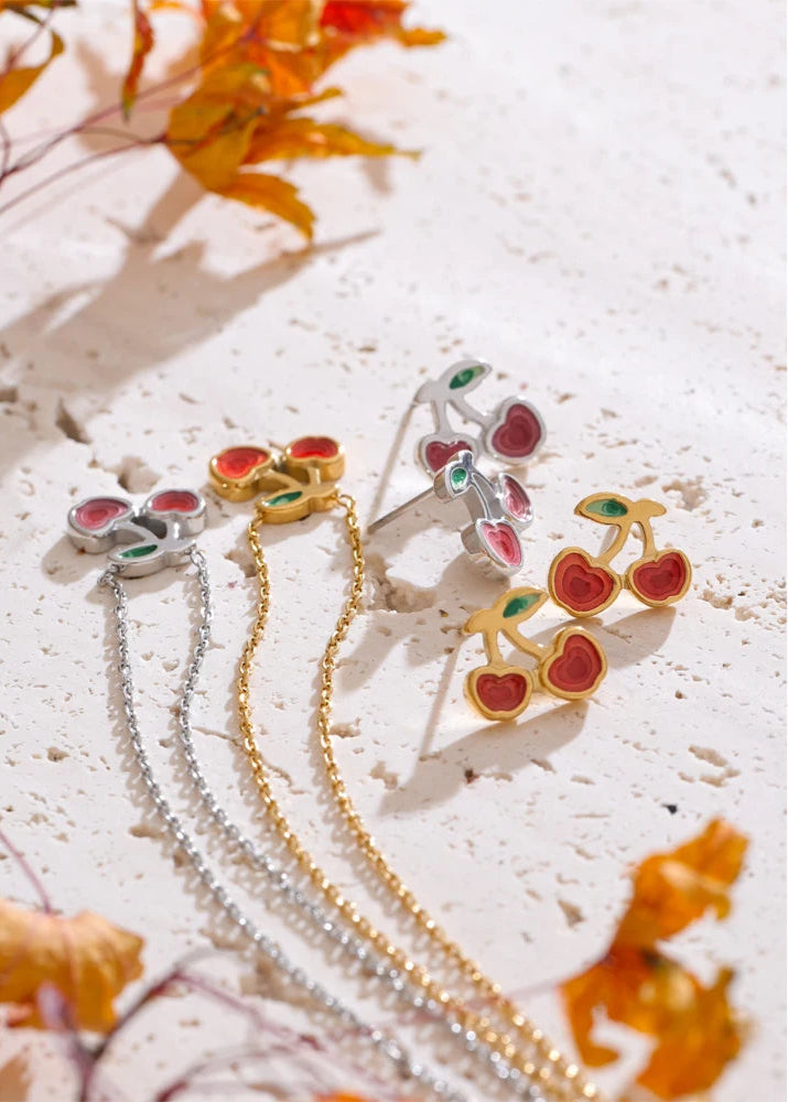Geometric Cherry Pendant Necklace & Earrings
