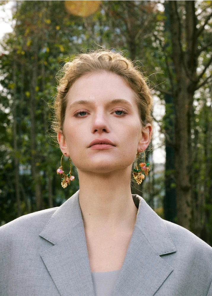 Bead Stones & Leaves Hoop Earrings