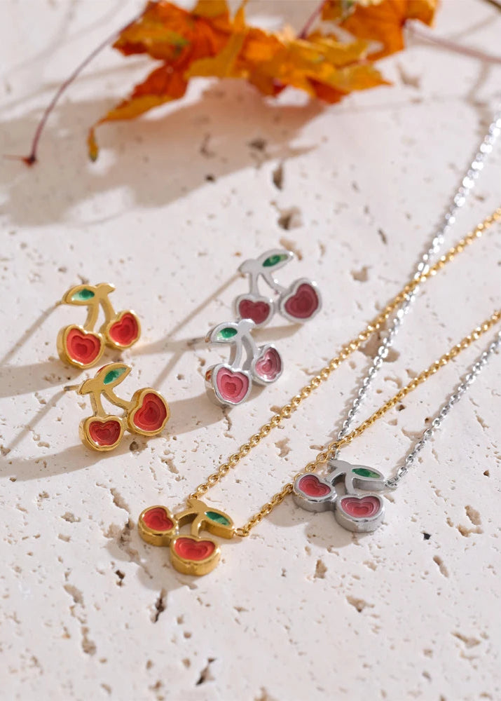 Geometric Cherry Pendant Necklace & Earrings