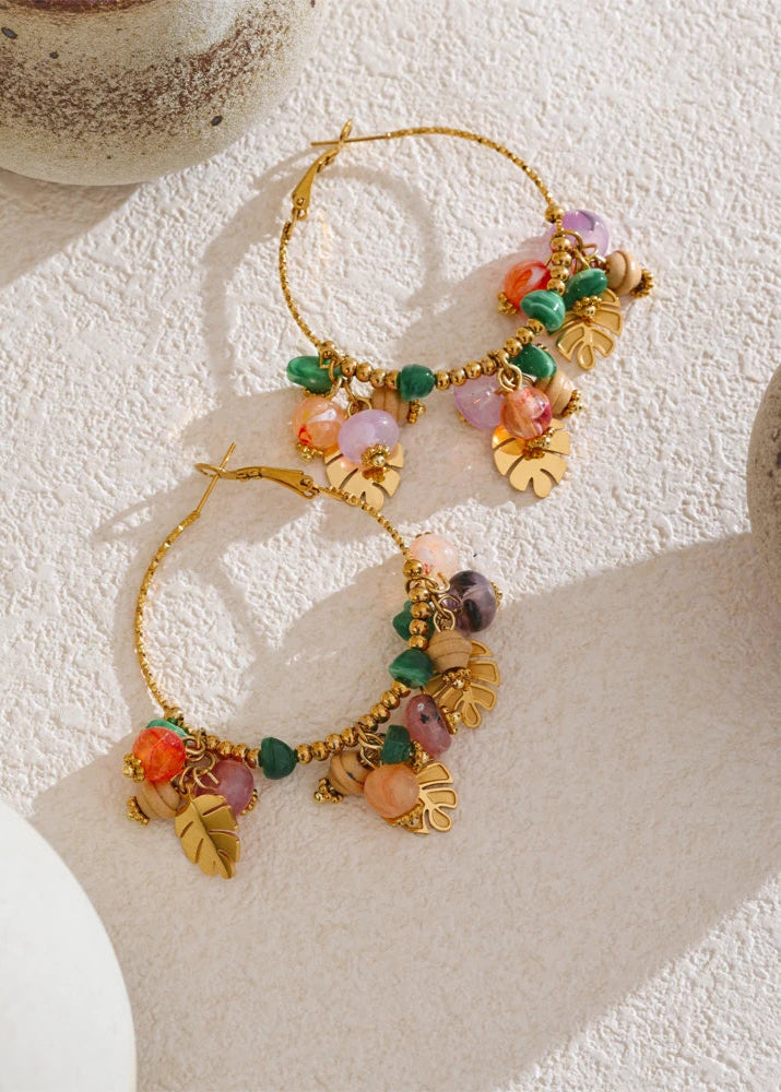 Bead Stones & Leaves Hoop Earrings