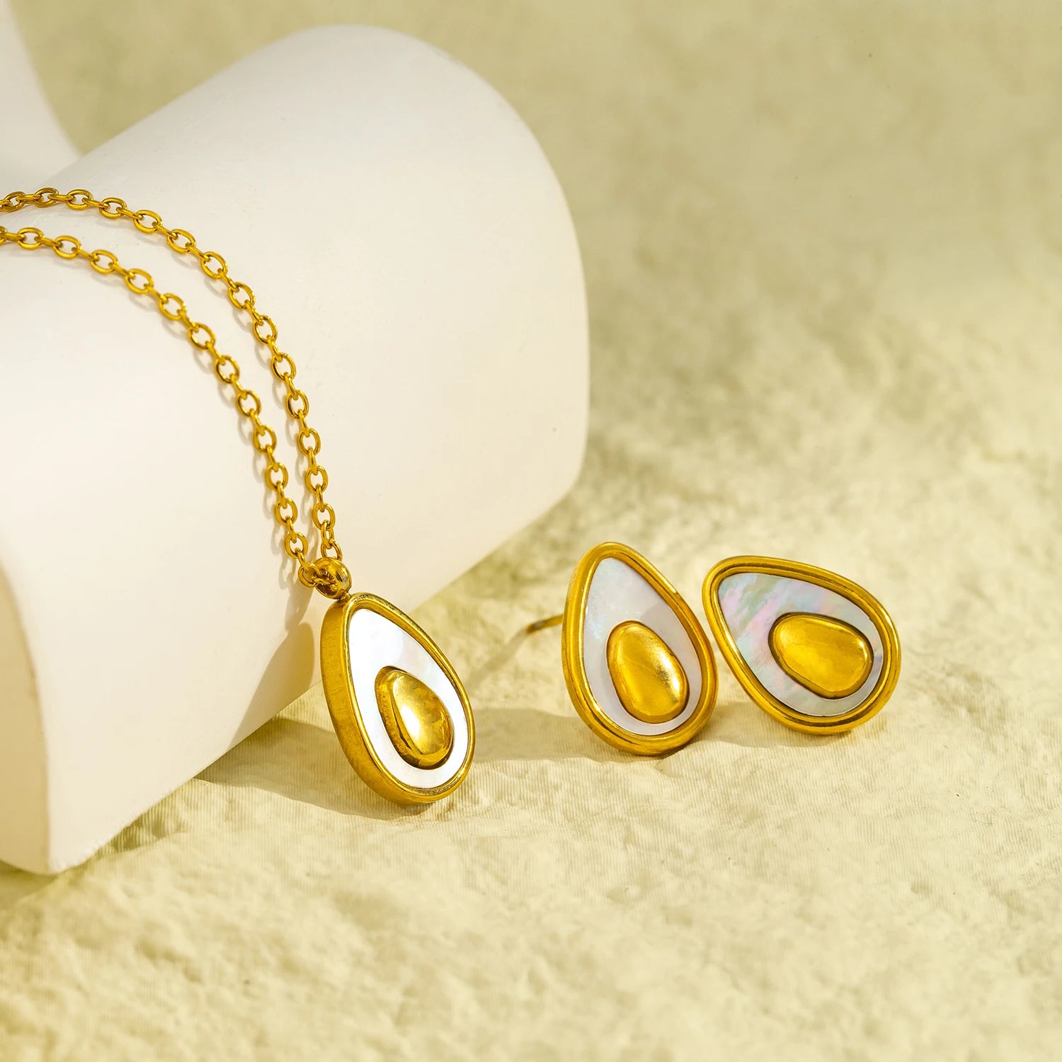 Two Tone Avocado Stud Earrings & Necklace