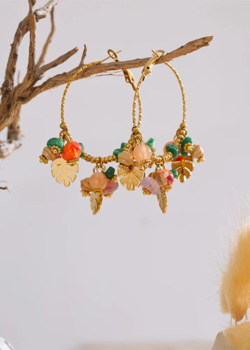 Bead Stones & Leaves Hoop Earrings
