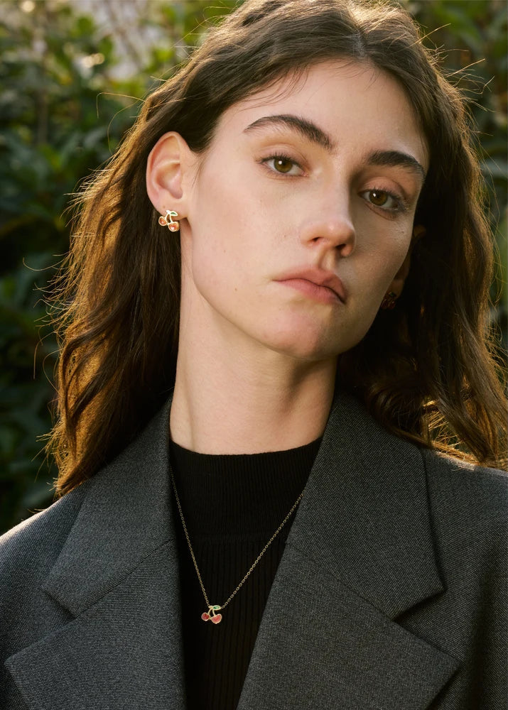 Geometric Cherry Pendant Necklace & Earrings