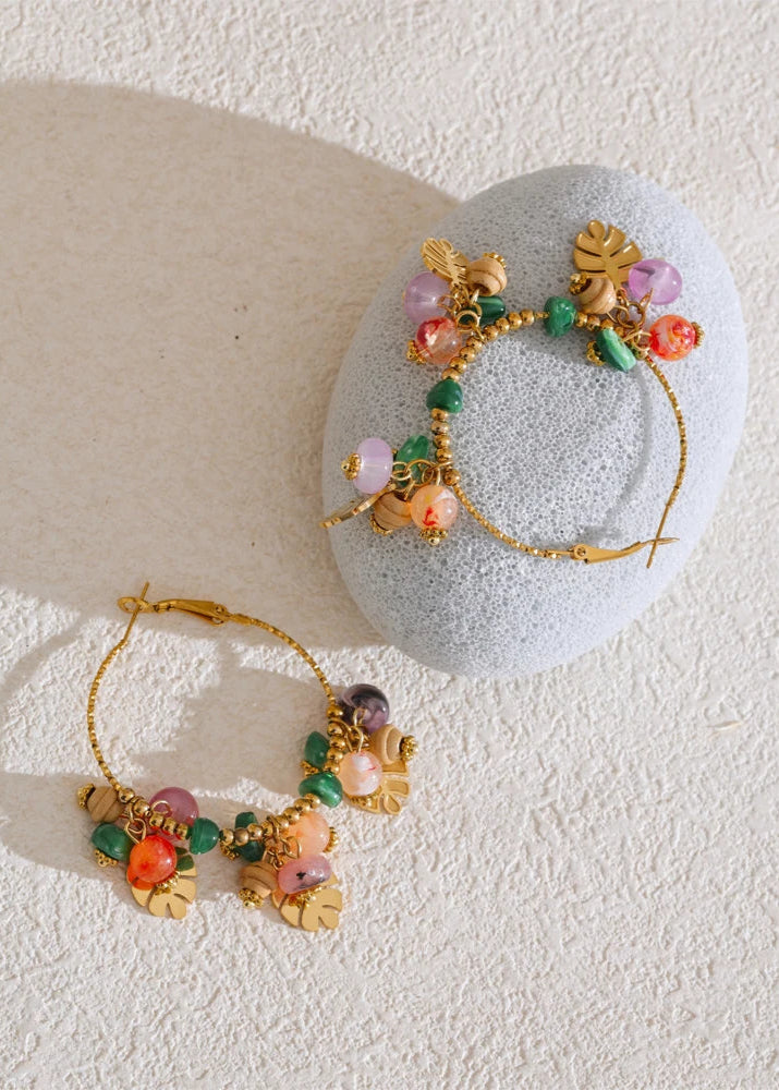 Bead Stones & Leaves Hoop Earrings