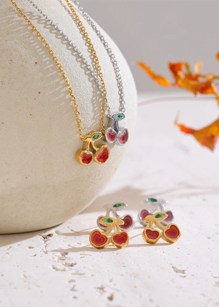 Geometric Cherry Pendant Necklace & Earrings