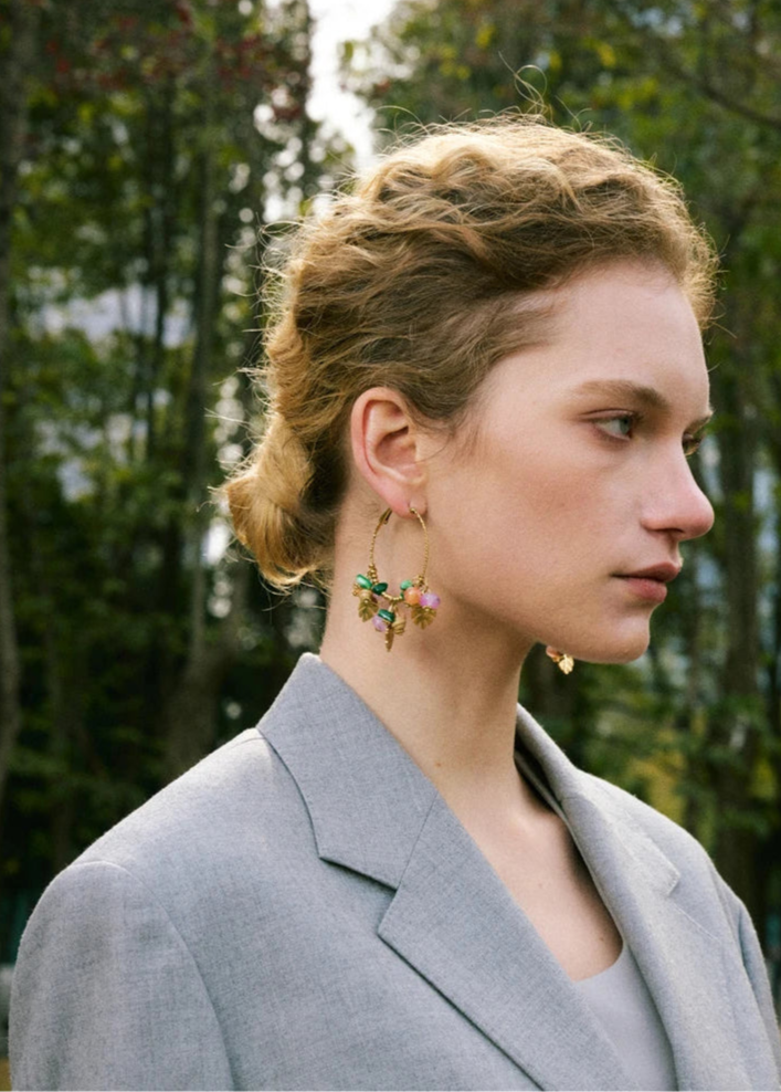 Bead Stones & Leaves Hoop Earrings