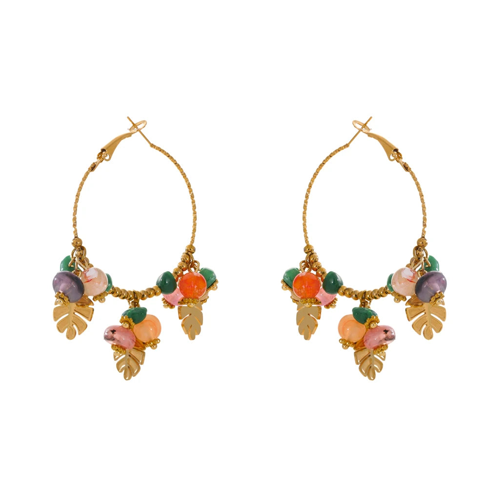 Bead Stones & Leaves Hoop Earrings