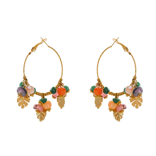 Bead Stones & Leaves Hoop Earrings