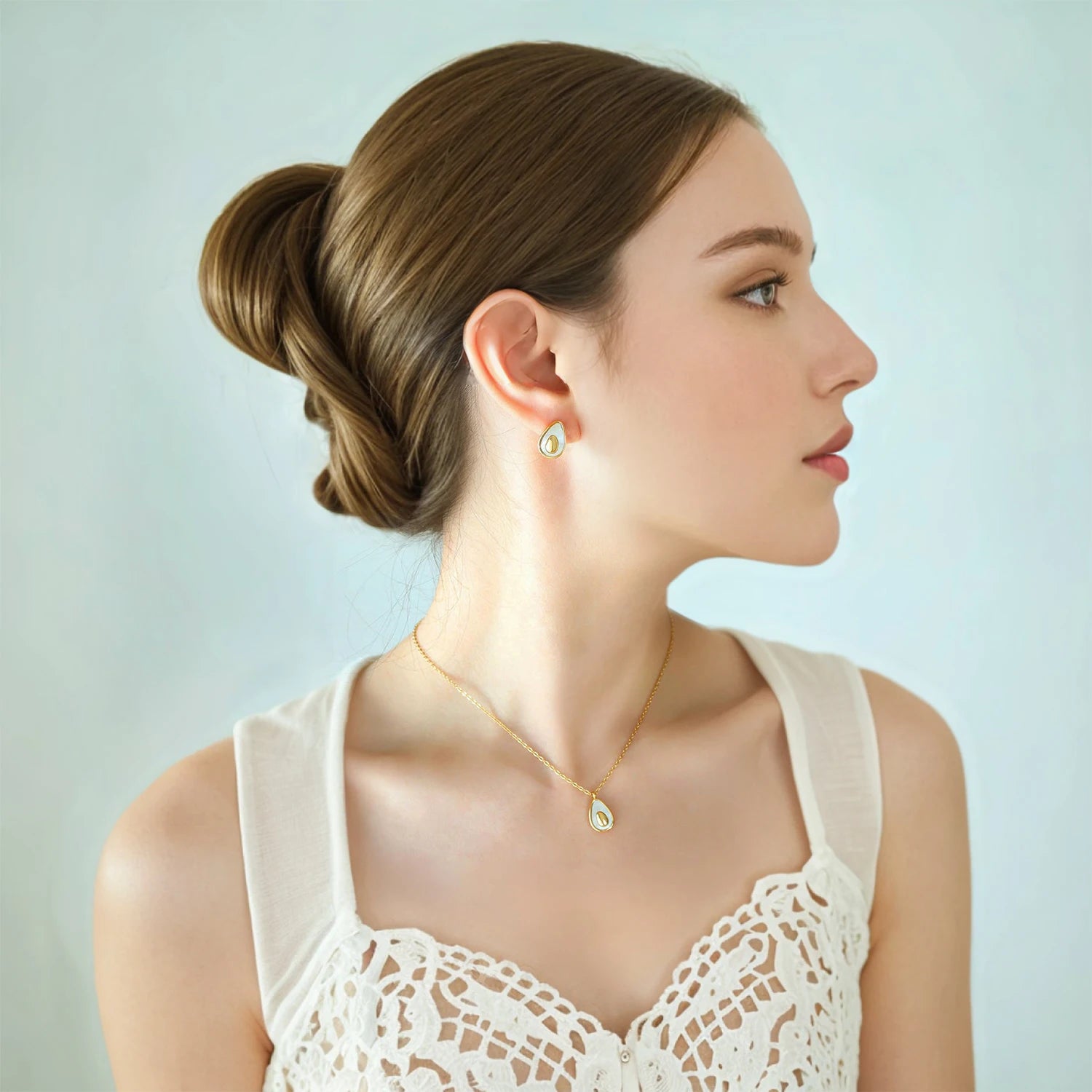 Two Tone Avocado Stud Earrings & Necklace
